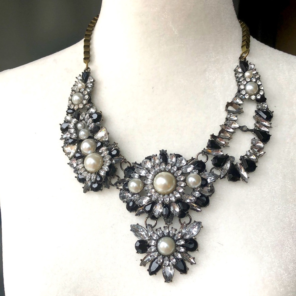 Pearl, rhinestone, black glass necklace $24